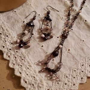 Pink and Purple Beaded Drop Necklace and Earrings